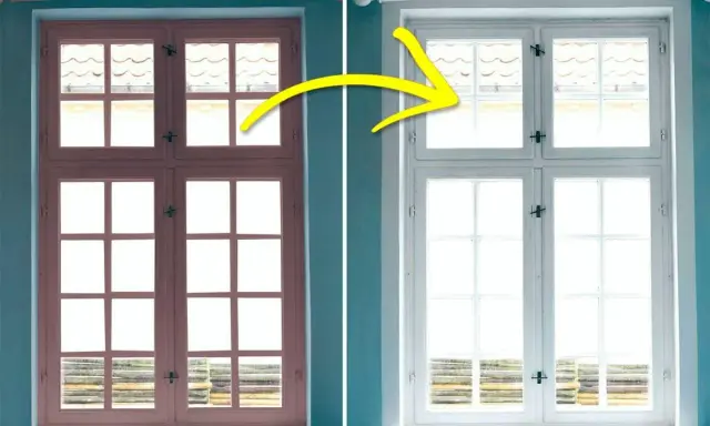 Fönsterkarmar byter färg från rosa till vit. En gul pil visar hur man kan måla snabbt och enkelt för en ny look.