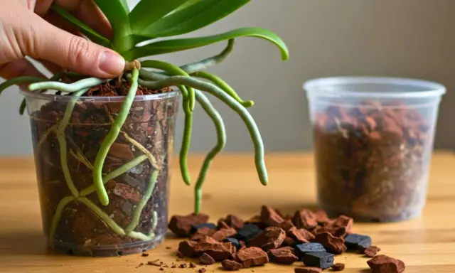 Maintenant, vous savez comment rempoter une orchidée. Les racines aériennes sont saines et prêtes pour un nouveau substrat.