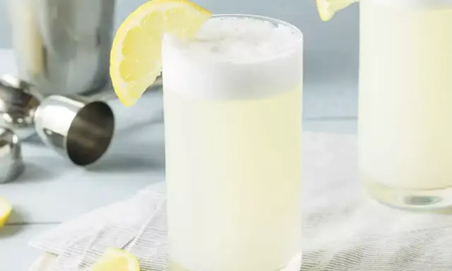 Un verre de gin fizz, garni d'une tranche de citron, prêt à être dégusté. Une recette rafraîchissante pour l'été.