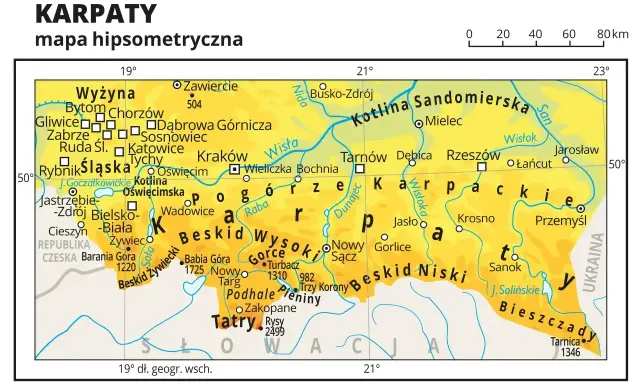 Mapa hipsometryczna polskich Karpat z zaznaczonymi pasmami górskimi, miastami i rzekami. Widoczne m.in. Tatry, Beskidy, Bieszczady.