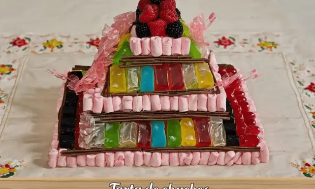 Tarta de chuches escalonada, con capas de gominolas de colores, marshmallows rosas y frutos rojos en la cima.
