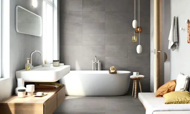 Elegante bagno grigio e beige con vasca freestanding, lavabo moderno e panca con cuscini colorati.