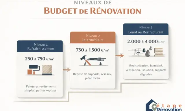 Simulation construction maison : 3 niveaux de budget de rénovation, du rafraîchissement à la restructuration lourde, avec coûts et exemples de travaux.