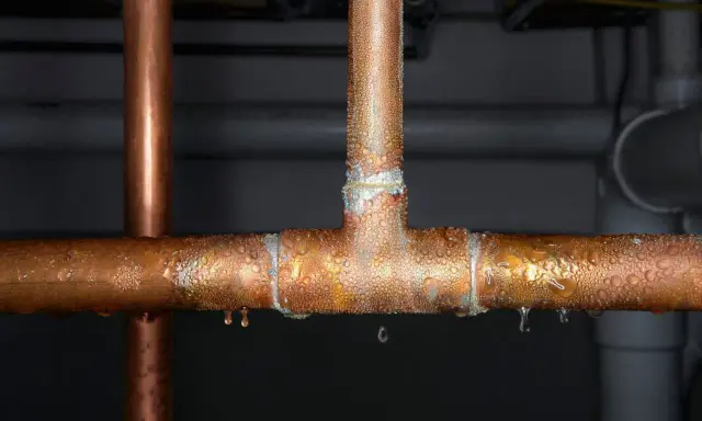 Gotitas de condensación cubren tuberías de cobre, indicando la necesidad de reparar la tubería.