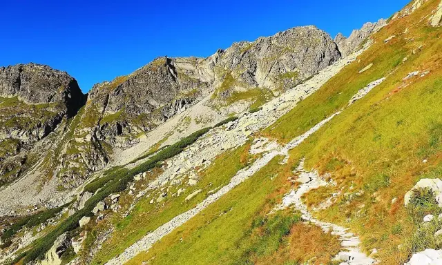 Kamienista ścieżka wije się po trawiastym zboczu w kierunku skalistych szczytów. Widok na Szpiglasowy Wierch.
