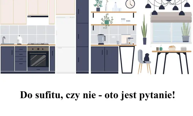Nowoczesna kuchnia z ciemnogranatowymi szafkami i jasnymi frontami. Zastanawiasz się nad wymiarami szafek kuchennych wiszących?
