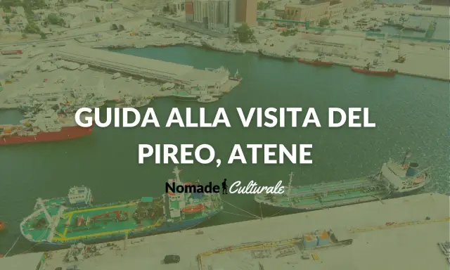 Vista aerea del porto di Atene, con navi attraccate e la scritta "Guida alla visita del Pireo, Atene".