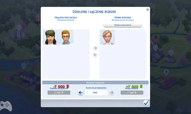 Interfejs gry The Sims 4 pokazuje opcje dzielenia i łączenia rodzin. Można tu zobaczyć, jak edytować parcele w The Sims 4, przenosząc Simów i fundusze między rodzinami.