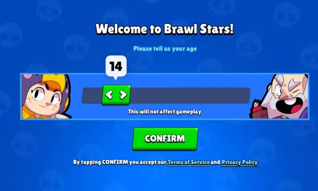 Pantalla de bienvenida de Brawl Stars pidiendo la edad, con la opción de 14 años seleccionada. La brawl stars edad recomendada se muestra para que el jugador la confirme.