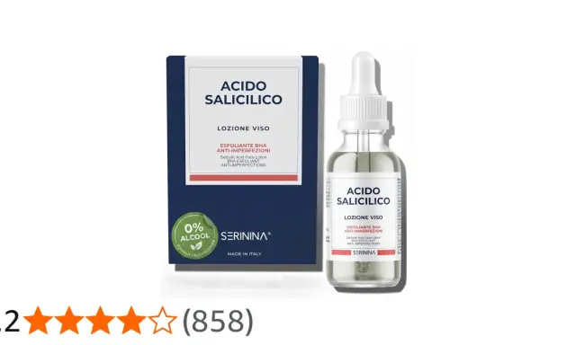 Lozione viso con acido salicilico, esfoliante BHA anti-imperfezioni, 0% alcool. Flacone con contagocce e scatola.