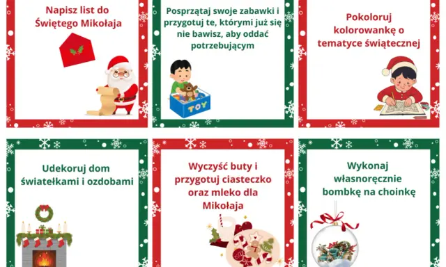 Świąteczny kalendarz dla dzieci do druku z zadaniami: napisz list, posprzątaj, pokoloruj, udekoruj, przygotuj ciastka i zrób bombkę.