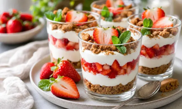 Délicieuse verrine fraise sans mascarpone, superposant fruits rouges, crème légère et crumble croustillant. Parfait pour un dessert frais et fruité.