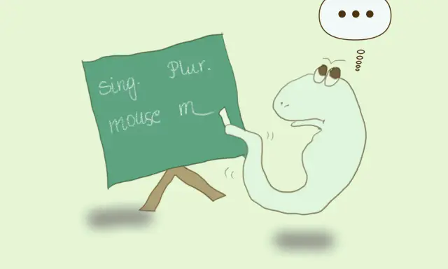 Uroczy stworek uczy się angielskiego: liczba pojedyncza i mnoga. Na tablicy "mouse" i "mice".