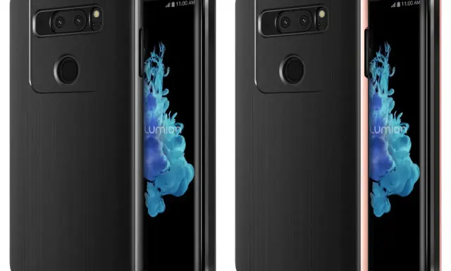 Dwa etui LG V30: czarne z teksturą i różowe ze złotą ramką. Oba z wycięciami na aparat i czytnik linii papilarnych.