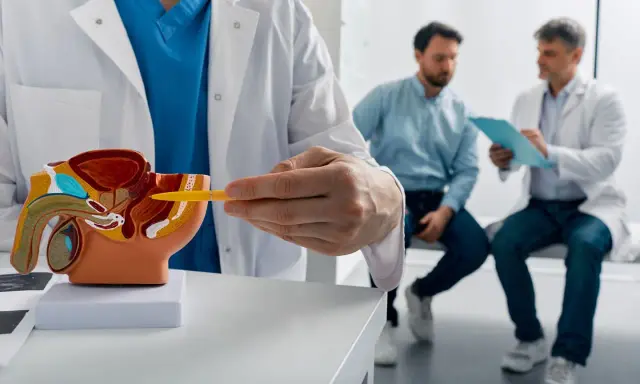 Lekarz pokazuje na modelu prostatę, omawiając jej wielkość i potencjalny guz. Dwóch mężczyzn w tle rozmawia.