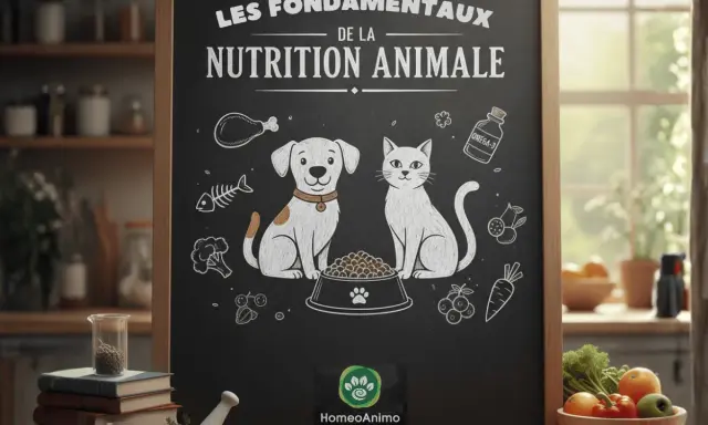 Tableau noir sur la nutrition animale, avec un chien et un chat devant un bol de croquettes. Idéal pour un repas pour chien équilibré.
