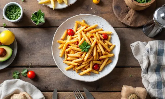 En tallrik med pommes frites, körsbärstomater och persilja. Enkel och billig mat som passar alla.