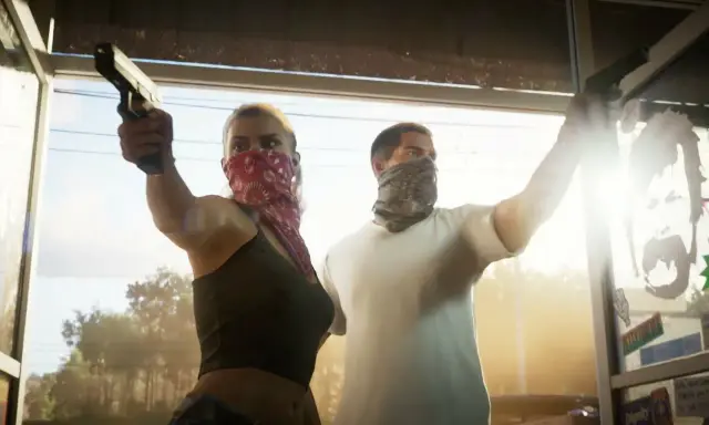 Para z pistoletami, w chustach na twarzach, gotowa na akcję w GTA 6 PC.
