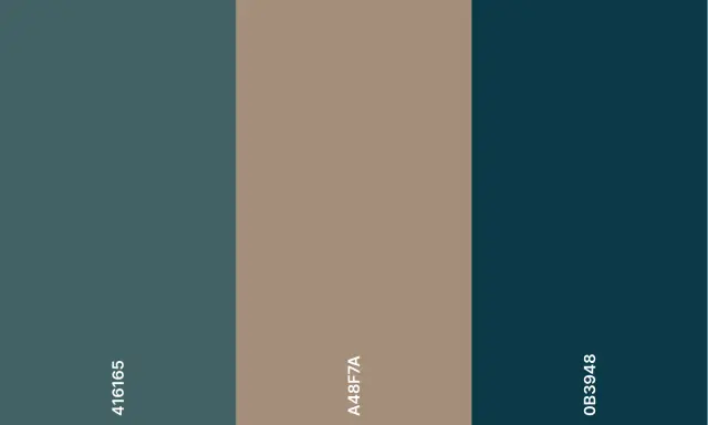 Palette con tortora, blu petrolio e verde acqua scuro. Idee su come abbinare i colori per un look sofisticato.