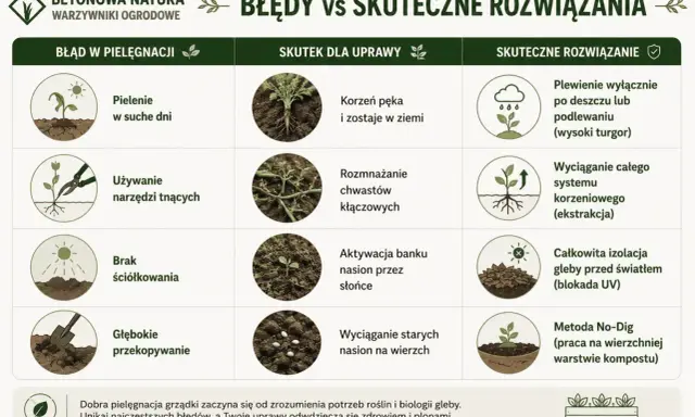 Skuteczne zwalczanie chwastów: plewienie po deszczu, wyciąganie całych korzeni, izolacja gleby UV i metoda No-Dig. Unikaj błędów w pielęgnacji.