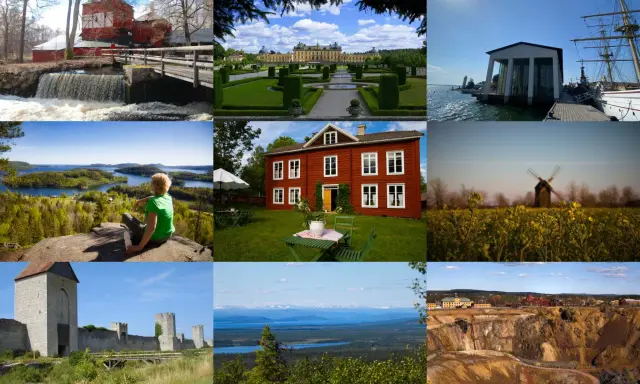 En mosaik av Sveriges världsarv: en röd kvarn, Drottningholms slott, ett marinmuseum, en sjöutsikt, ett rött hus, en väderkvarn, Visby ringmur, ett fjällandskap och en gruva.