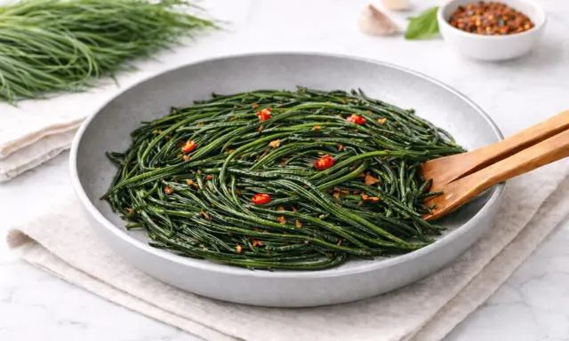 Agretti in padella, un contorno fresco e saporito, condito con aglio e peperoncino.