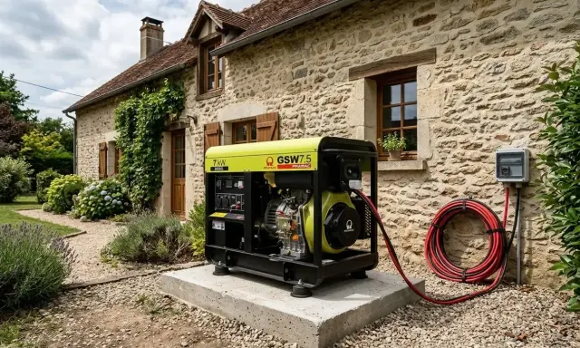 Un groupe électrogène Pramac GSW7.5, idéal pour savoir quel groupe électrogène choisir pour alimenter une maison, est installé près d'une bâtisse en pierre.