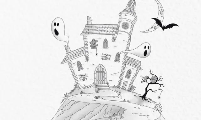 Jak narysować halloween: nawiedzony dom, dwa straszne duszki, nietoperz i księżyc.