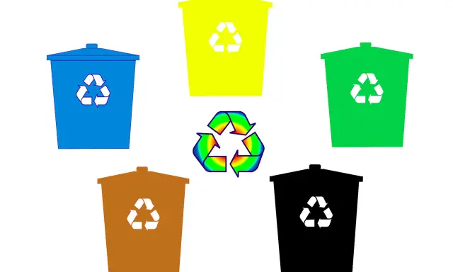 Kolorowe kosze na śmieci z symbolami recyklingu. Różne kolory opakowań i ich znaczenie w segregacji odpadów.