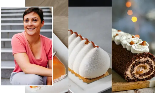 Pâtissière souriante à côté de desserts élégants, dont une bûche au chocolat et une création blanche texturée, évoquant un croustillant pour buche parfait.