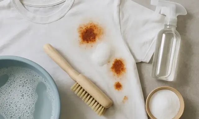 Cómo quitar mancha de óxido en la ropa: una camiseta blanca con manchas marrones, un cepillo, un bol con agua jabonosa, un spray y bicarbonato.