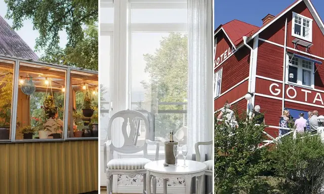 Gammaldags pensionat med växthus, elegant rum med utsikt och rött hus med texten "GÖTA".