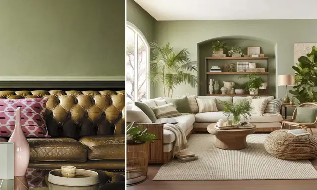 Un salon moderne et confortable avec des murs vert clair. Le cuir brun du canapé et les coussins aux motifs géométriques roses montrent quelle couleur va bien avec le vert clair.