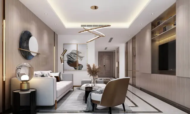 Nowoczesny salon z podwieszanym sufitem, który stanowi świetny pomysł na sufit w pokoju. Oświetlenie LED i designerska lampa dodają elegancji.