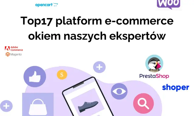 Najlepsze platformy e-commerce w Polsce według ekspertów. Logo OpenCart, Woo, Adobe Commerce, Magento, PrestaShop, Shoper.