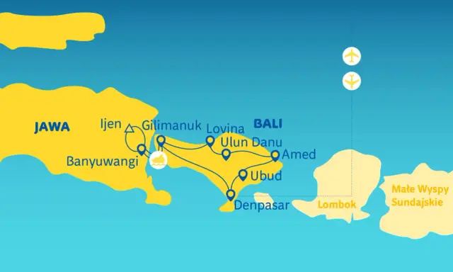 Mapa z trasą zwiedzania Bali: Jawa, Banyuwangi, Gilimanuk, Lovina, Ulun Danu, Amed, Ubud, Denpasar, Lombok.