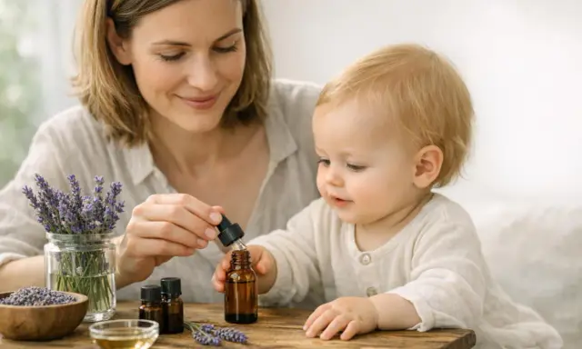 Une mère et son enfant découvrent les bienfaits de l'huile essentielle de lavande. Des brins de lavande fraîche et des petits flacons sont disposés sur une table en bois.