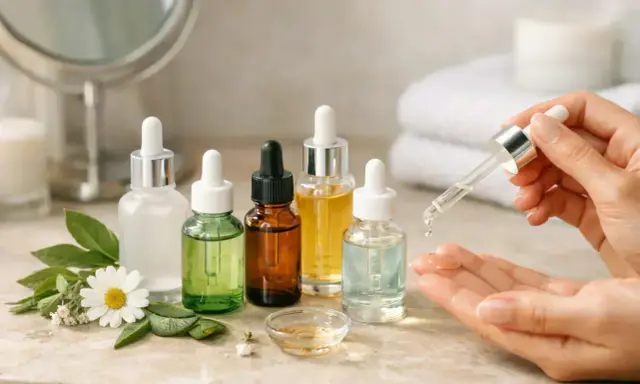 Plusieurs flacons de sérum, des plantes et une main testant une goutte. Difficile de savoir quel sérum choisir pour votre peau.