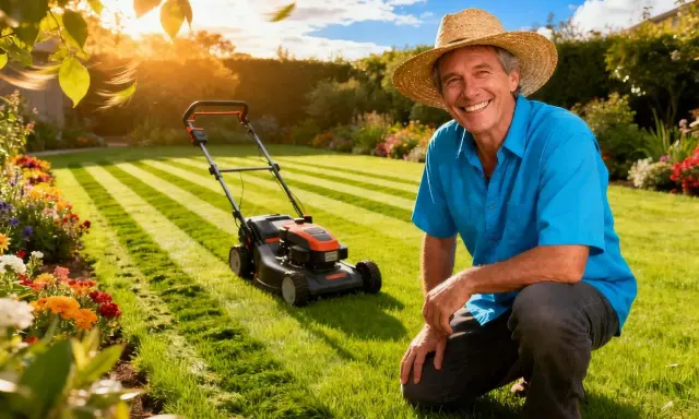 Un homme souriant, chapeau de paille, prêt à tondre la pelouse. Le soleil brille sur le jardin, les fleurs sont éclatantes. C'est le moment idéal pour savoir quand tondre la pelouse.