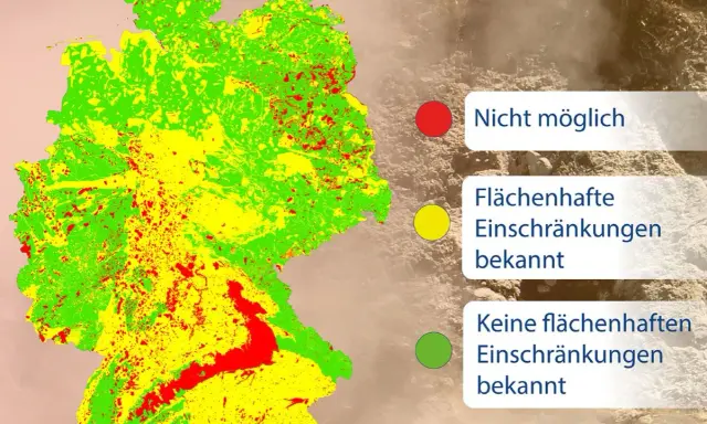Karte von Deutschland zeigt Potenzial für Geothermie: Rot (nicht möglich), Gelb (Einschränkungen), Grün (keine Einschränkungen).