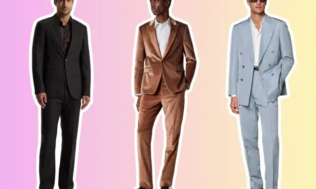 Three men showcase stylish cocktail attire: a dark suit, a velvet suit, and a light blue double-breasted suit.