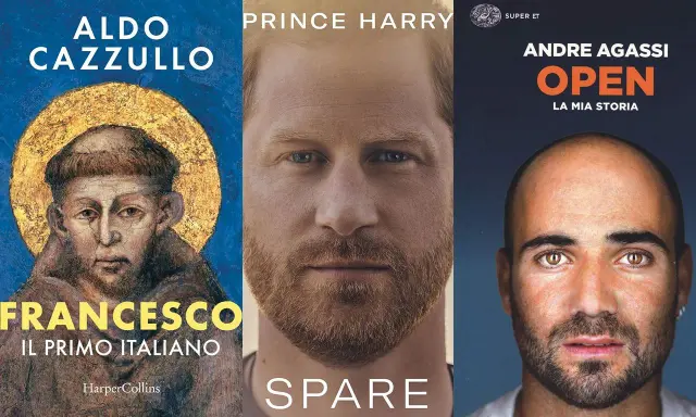 Copertine di biografie da leggere: "Francesco, il primo italiano" di Aldo Cazzullo, "Spare" di Prince Harry e "Open" di Andre Agassi.