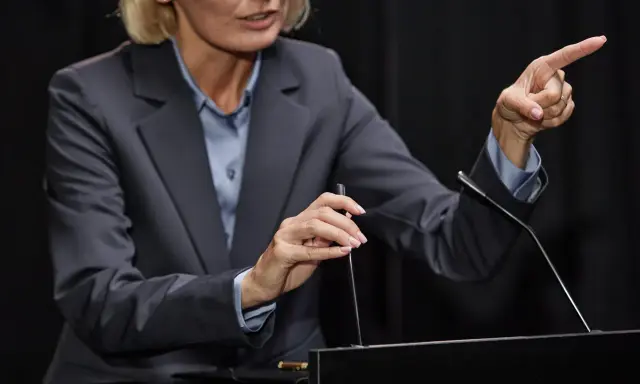 Vrouw in pak wijst met vinger, legt het gedachtegoed betekenis uit aan publiek.