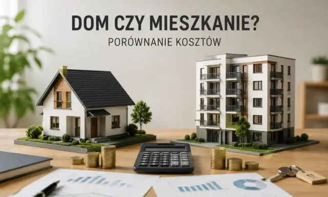 Porównanie kosztów: dom czy mieszkanie? Na stole modele domów, pieniądze, kalkulator i dokumenty.