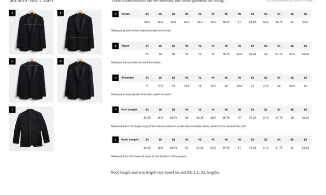 Diagrams and a chart showing how to measure for a tuxedo jacket, including chest, waist, shoulder, arm length, and back length.