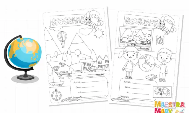 Copertina geografia classe seconda con disegni di un mappamondo, paesaggi, bambini e farfalla.