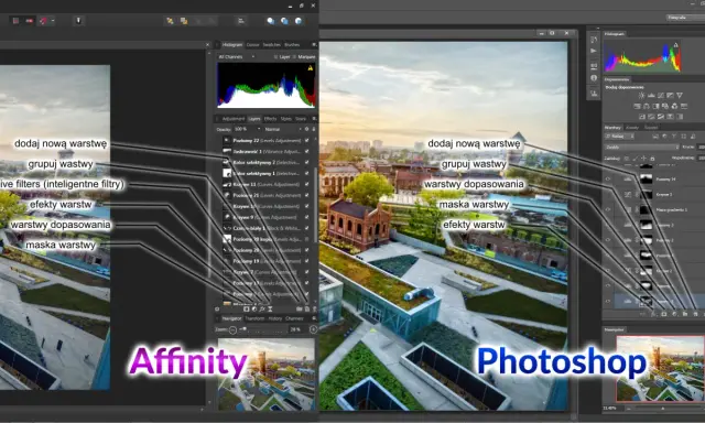 Porównanie interfejsów Affinity i Photoshop z widocznymi panelami warstw i narzędziami.
