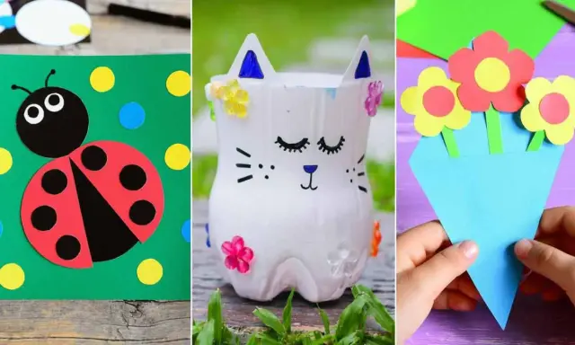 Manualidades primavera infantil: mariquita en cartulina, gatito con botella reciclada y ramo de flores de papel.