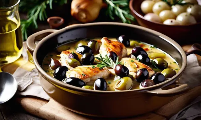 Un plat de poulet aux olives, garni de romarin frais, baignant dans une sauce onctueuse. Des oignons perlés et de l'huile d'olive complètent cette scène culinaire appétissante.