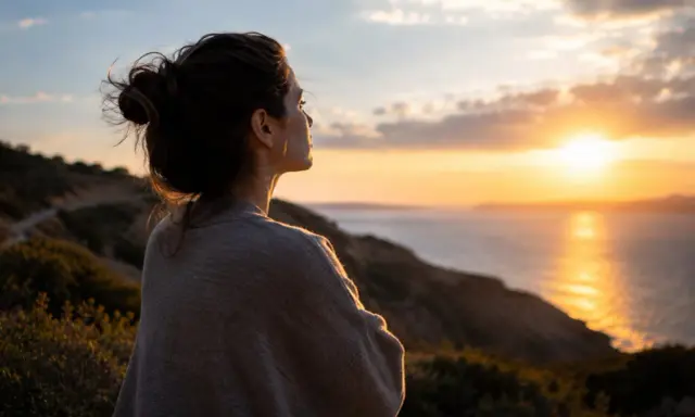 Frau blickt nachdenklich auf Sonnenuntergang über dem Meer. Die Weite spiegelt ihre **Angst vor Kontrollverlust** wider, während sie nach innerem Frieden sucht.
